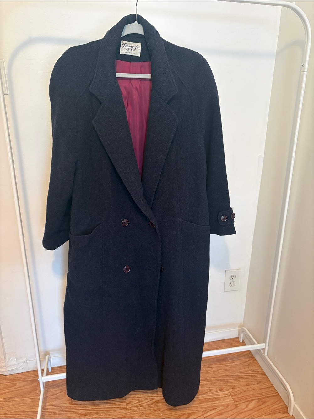 100% Wool Navy Unisex Long Coat with Burgundy Lining